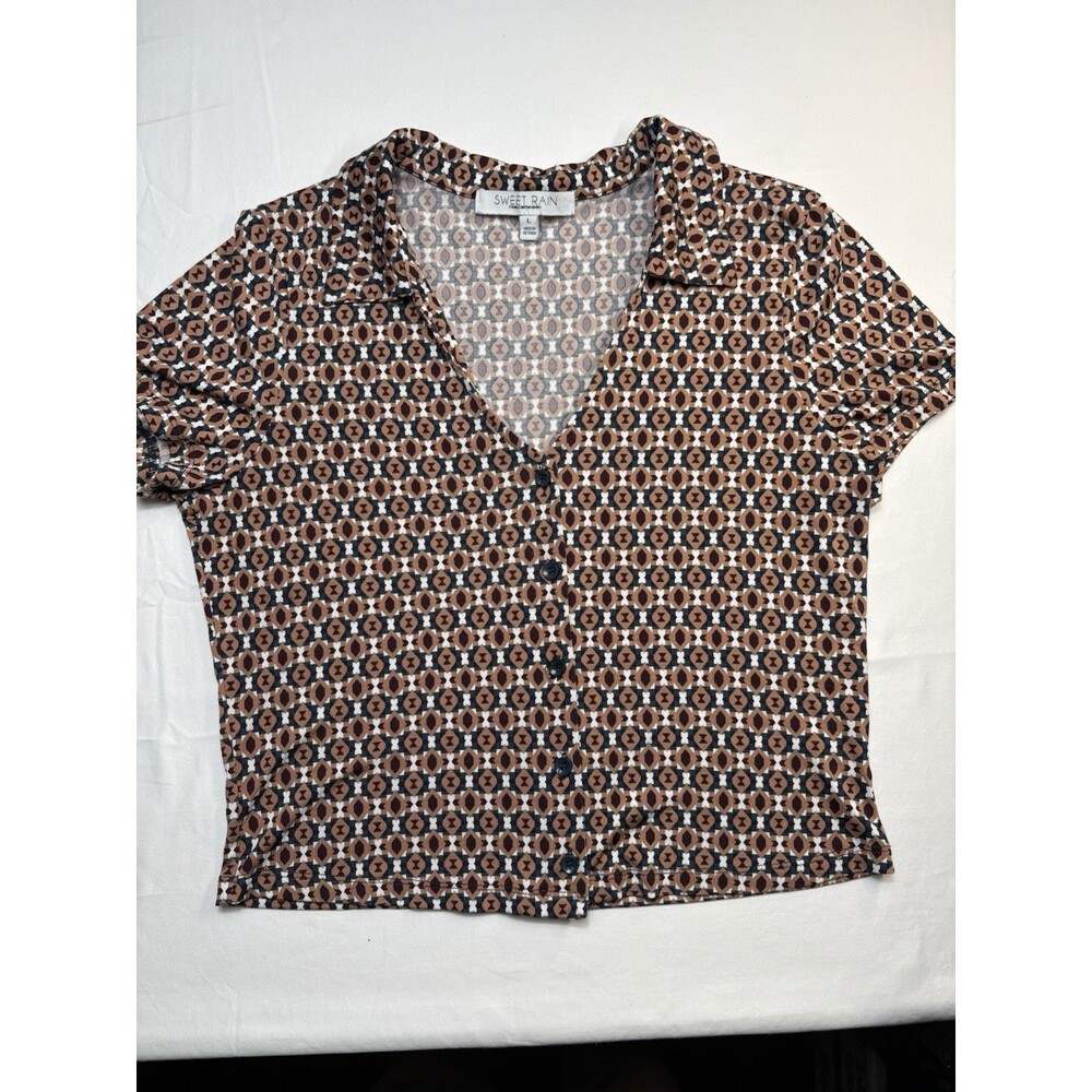 Sweet Rain Brown Black White Blue Geometric Knit Collared Button Blouse L
